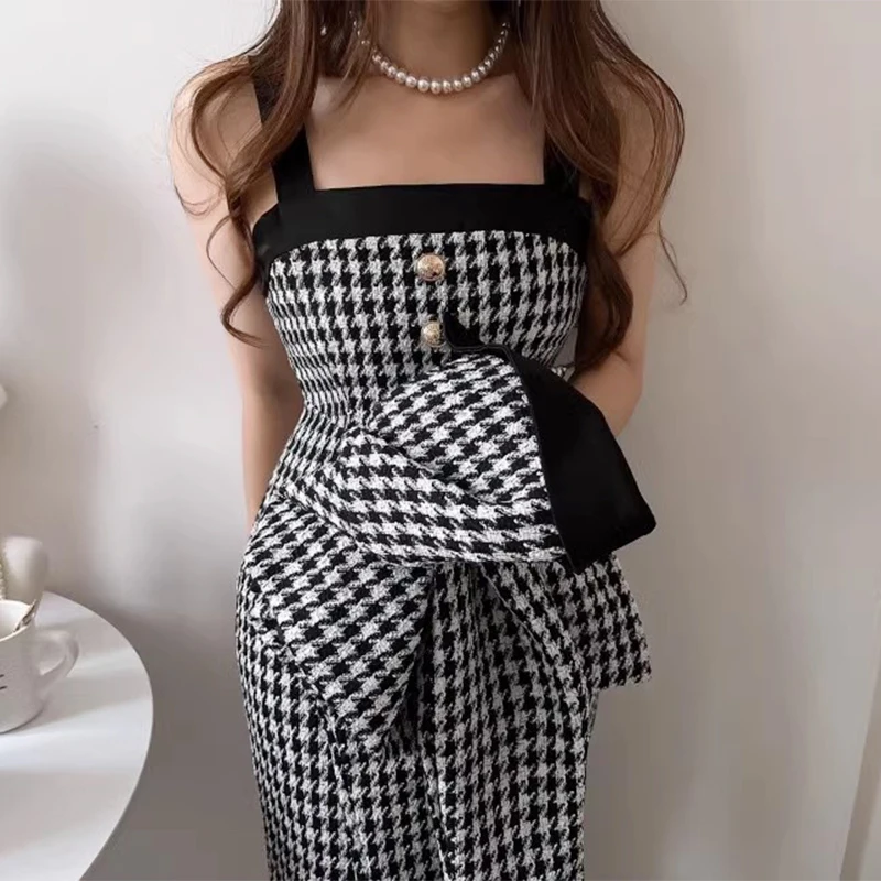 Korean Chic Slim Strap Vintage Suspended Dress Autumn Retro Small Fragrant Short Style Thousand Bird Plaid Coat 2025 Crop Tops