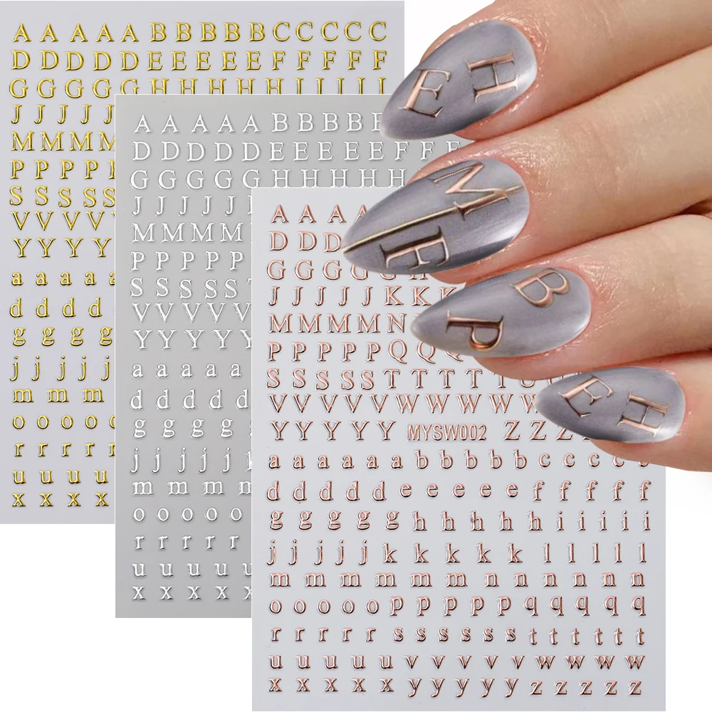1Pcs 3D Roman Letters Nail Art Stickers 26 English Uppercase/Lowercase Self Adhesive Nail Decals Golden Silver Letter Sliders &1