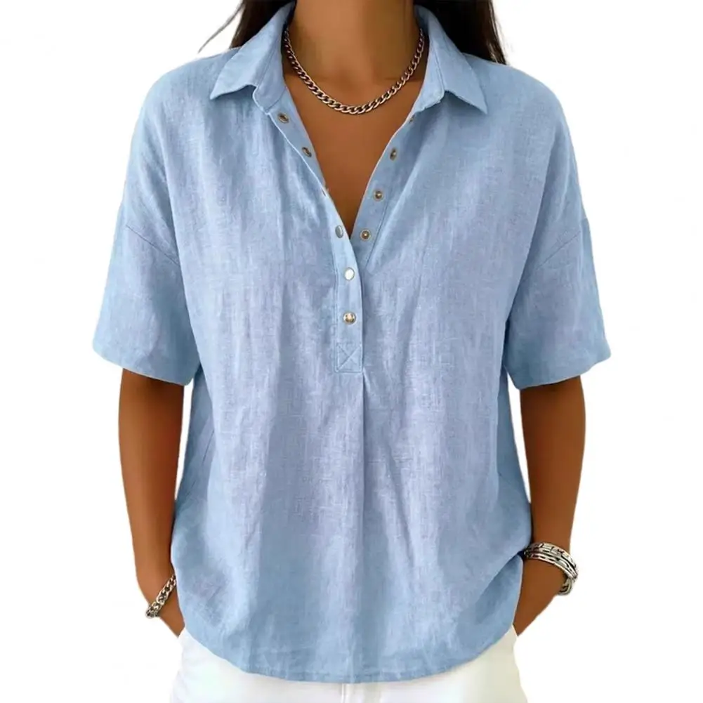 

Women Shirt Lapel Buttons Half Placket Short Sleeves Casual Blouse Pure Color Loose Fit Shirt Tops Parties Casual Women Shirt