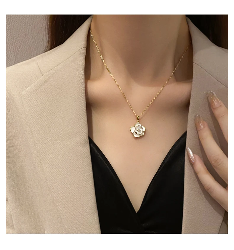 Französische romantische elegante weiße Emaille-Kamel-Kamel-Blumen-Anhänger-Halskette 2025, Damen-Modeschmuck, Luxus-Accessoires für Mädchen – Detail 13