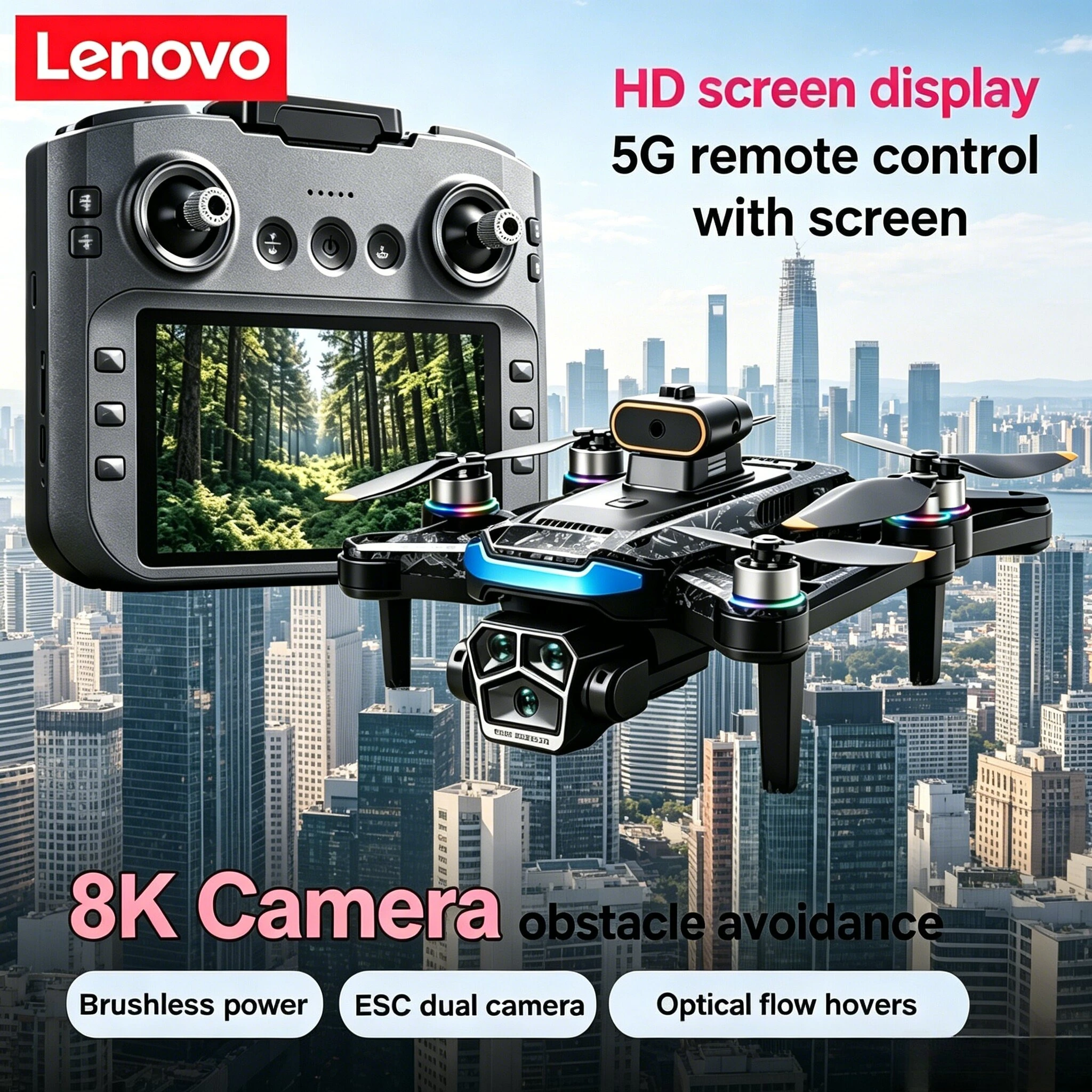 Dron Lenovo Mi A14Pro Max con Evitación de Obstáculos, Flujo Óptico, Tres Cámaras, GPS, 8K, Control Remoto, Plegable