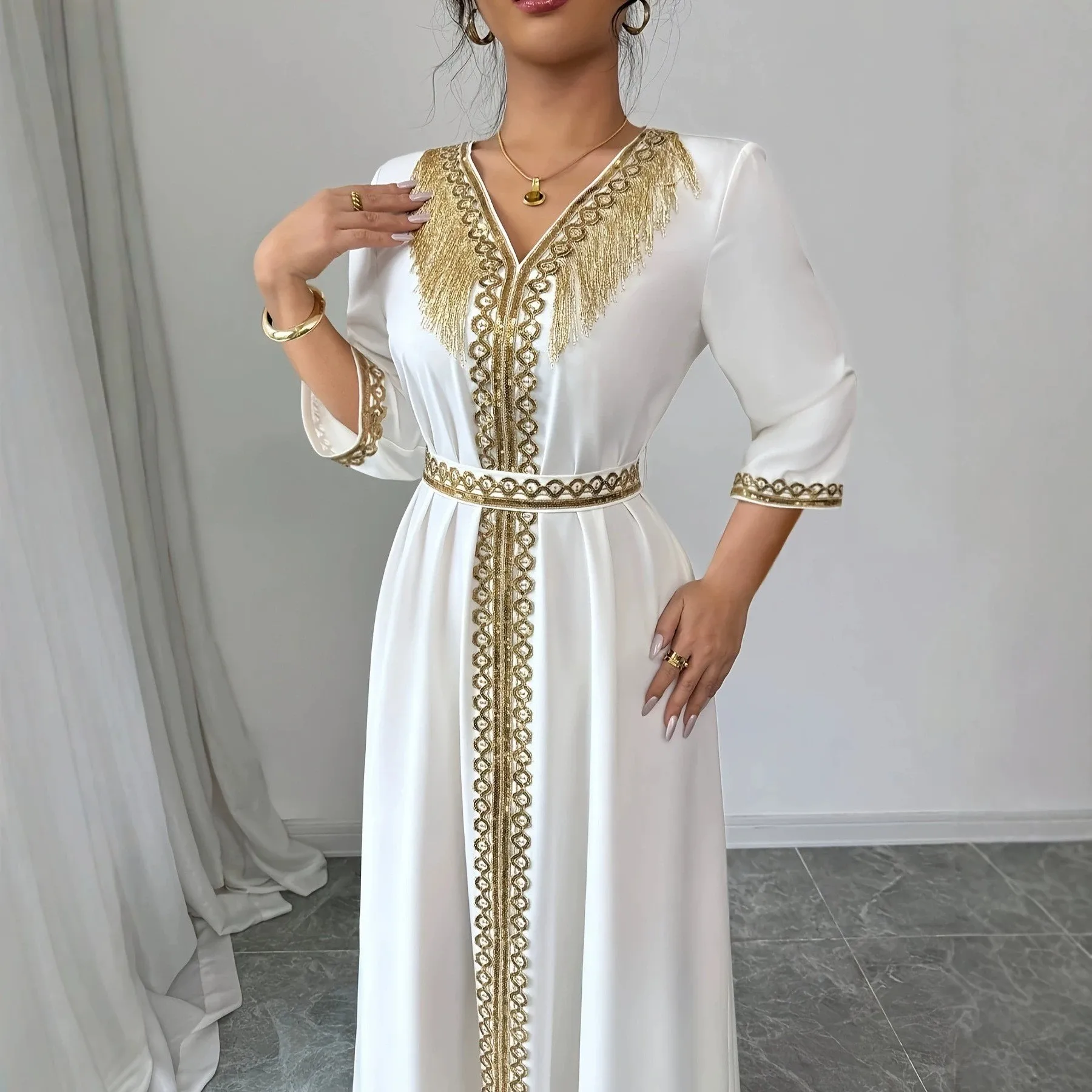 Elegant Moroccan Kaftan Abaya for Women Dubai Gold Fringe Embroidery V Neck Belted Modest Maxi Dress Eid Evening Party Islamic