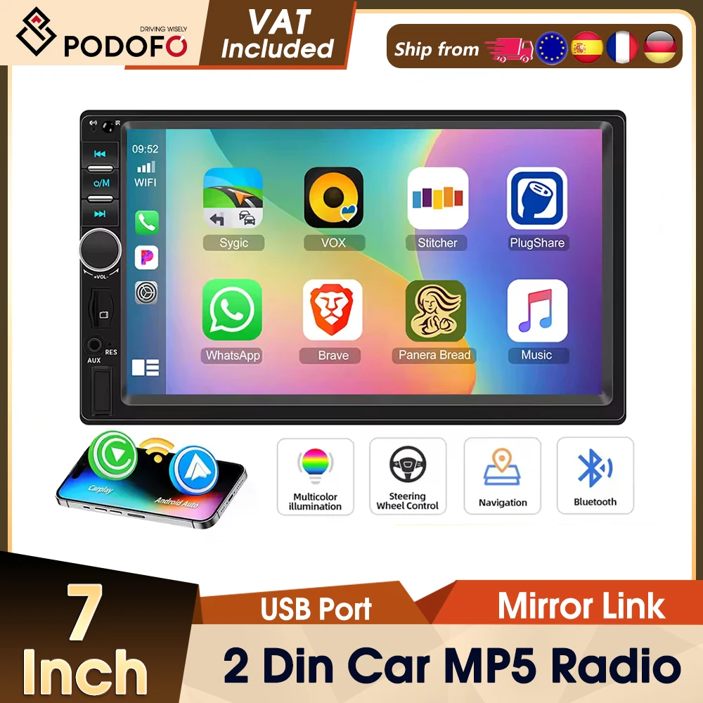 Podofo 2 Din Autoradio Kabelgebundenes Carplay Mirror Link Android Auto 7'' Auto-Multimediaplayer mit BT FM-Radio TF/USB-Schnittstelle