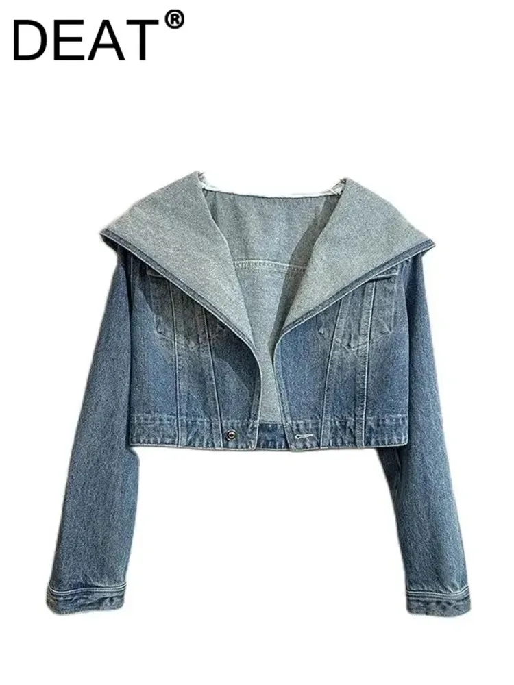 

DEAT Women Denim Coat Hoodies Single Button Pockets Long Sleeve Super Short Blue Female Jackets 2024 Autumn New Fashion 29L2934