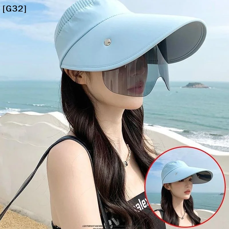 Summer Women Sun Hat With Glasses Large Brim Bucket Hat Breathable Outdoor Cap Magic Tape Adjust Travel Beach Cap[G32]