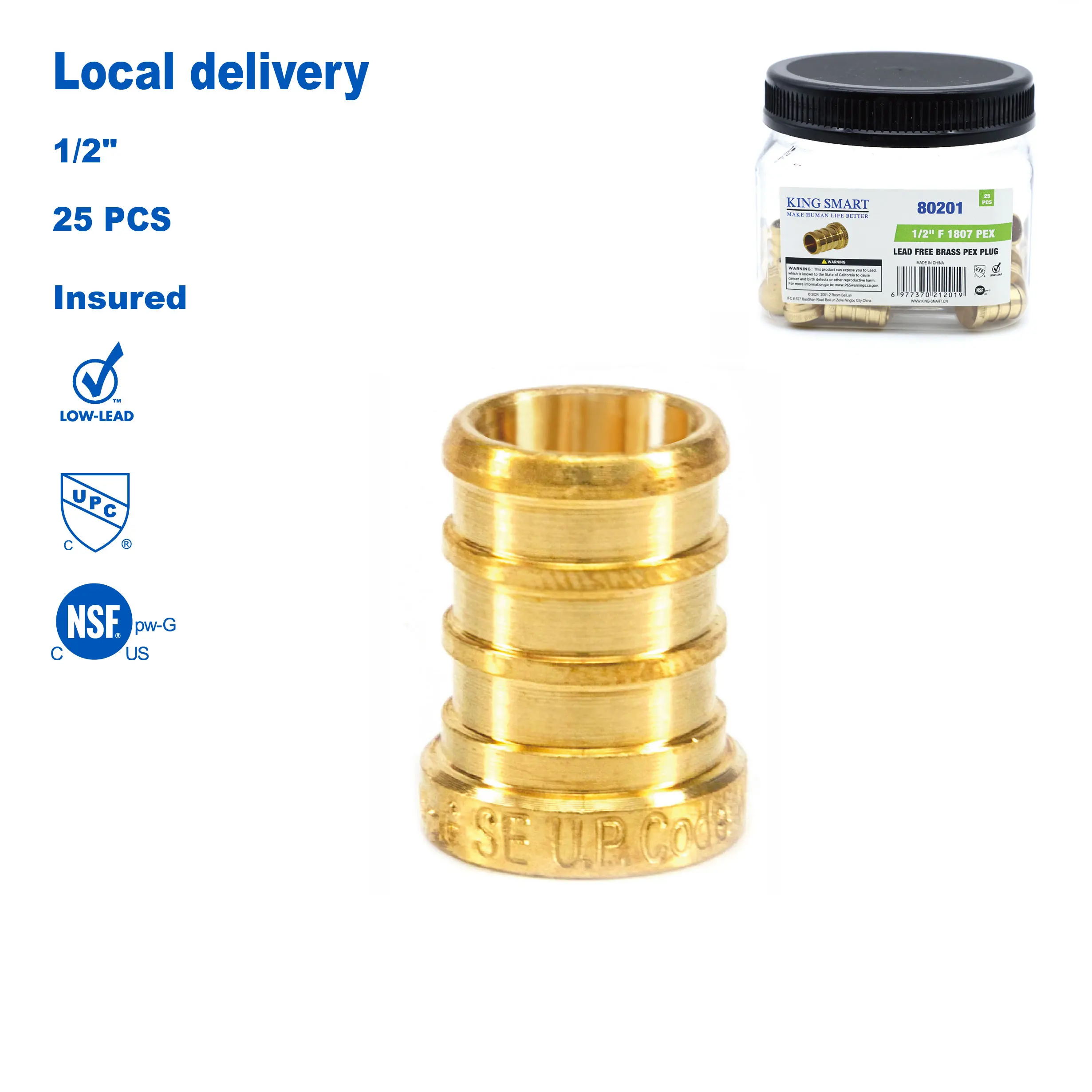

KING SMART Crimp/F1807 PEX 1/2" PEX Plug; Suitable for PEX B/C, PERT Pipe Installation; Lead Free Brass; 25PCS/CASE; 80201