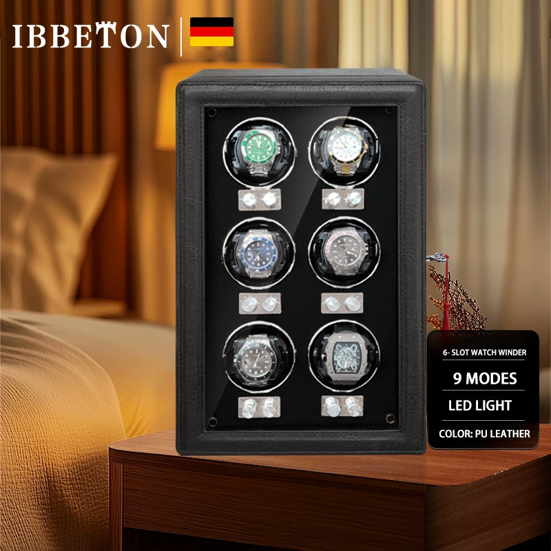 IBBETON Luxury Brand Wood Watch Winder High-End  6 Slot Automatic Watches Box with Mabuchi Moto Watch Cabinet Clock Storage Box