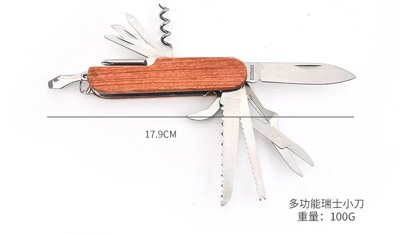 Neues 11-in-1-Multitool mit Holzgriff, tragbares, faltbares Militär-Messer, EDC-Überlebenswerkzeug, Camping- und Notfallwerkzeug – Detail 5