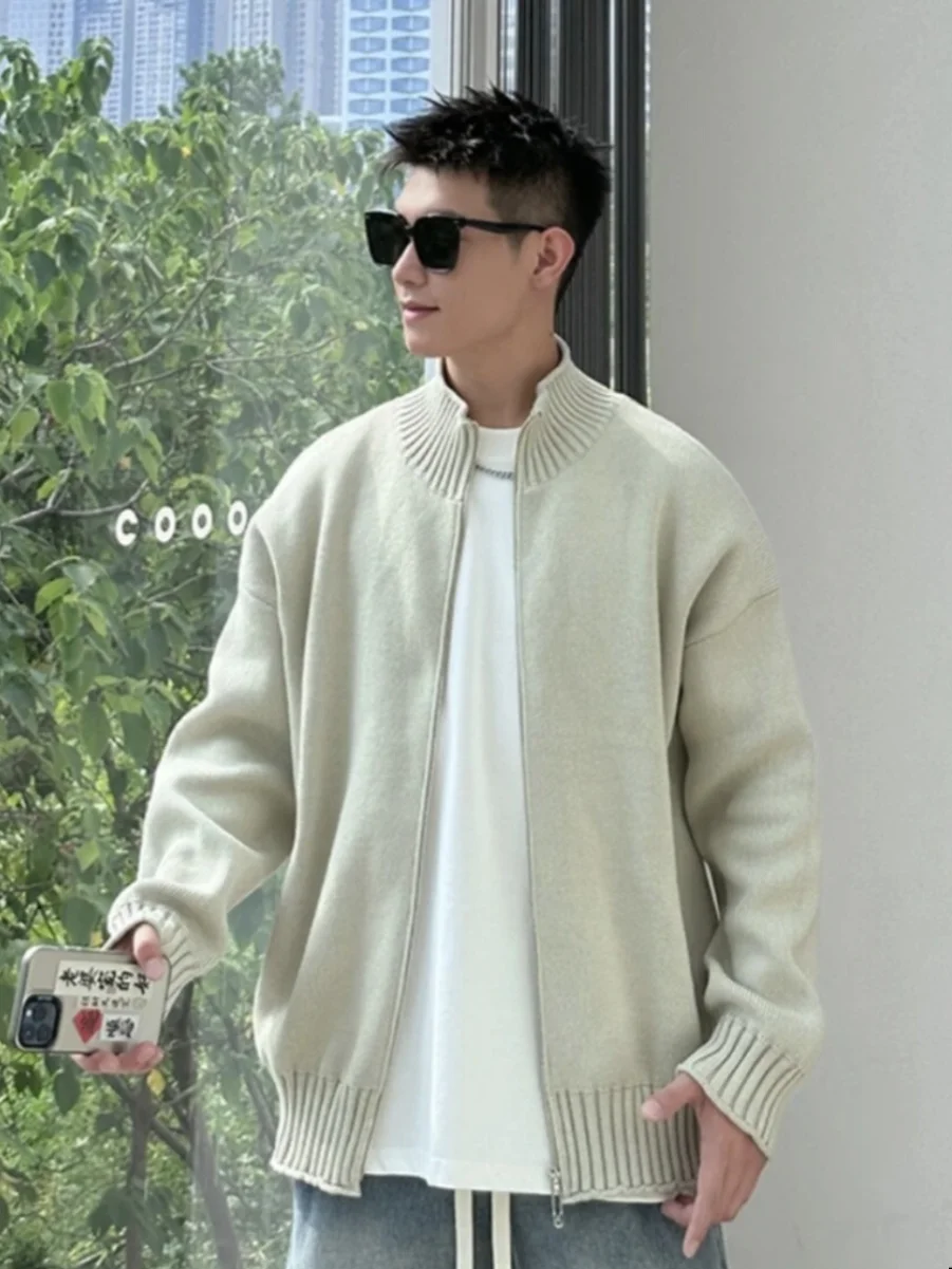 Fall Winter New Sle Japanese Zipper Open Cardigan Men's Faionable Loose Simple  Color Knitted Sweater Trendy