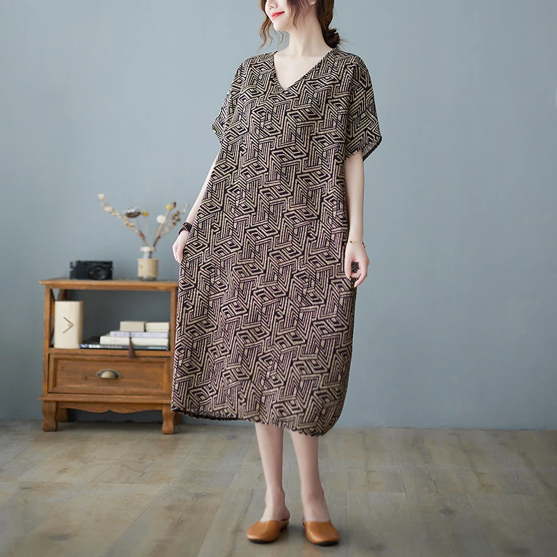 Retro bawełniana lniana spódnica z nadrukiem, duży rozmiar, damska, dekolt w serek, luźna, długa, codzienna, letnia, wygodna, plus size.