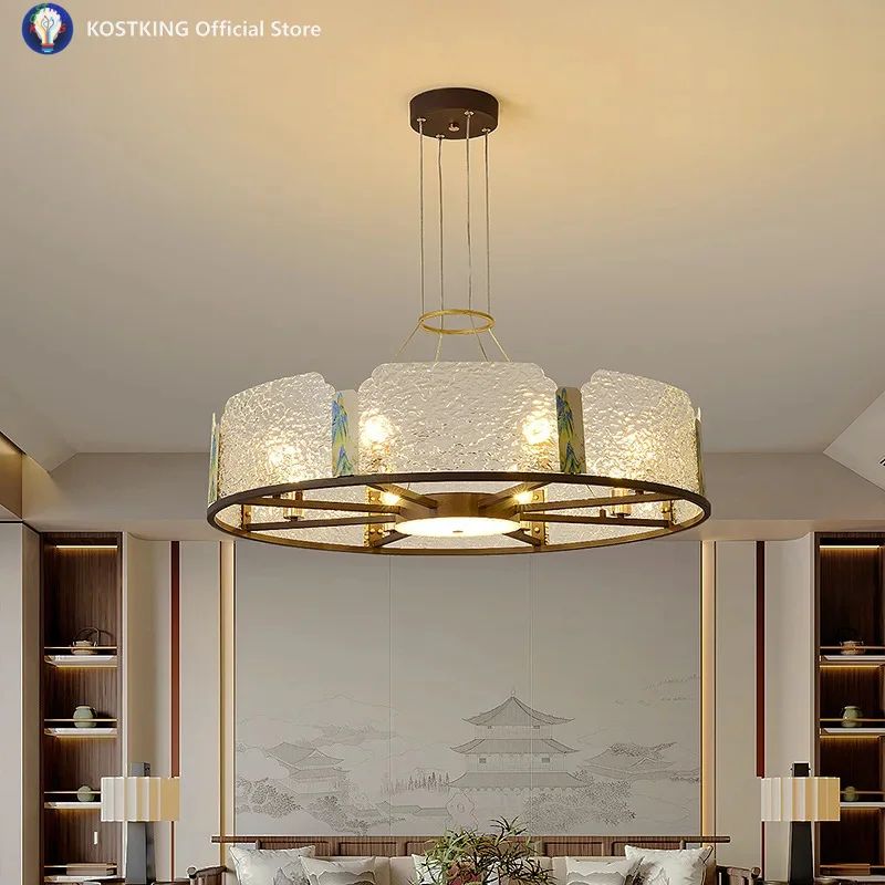 Modern Chinese Style Pendant Light For Dining Room Kitchen Table Round Coffee Color Hanging Lamp With Enamel Art Acrylic Shade
