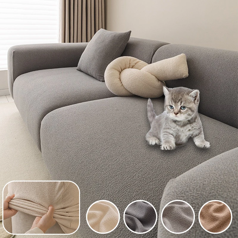 

Thick Chenille Stretch Sofa Slipcover Non Slip Elastic Solid Color Protector for 1/2/3/4 Seater Pet Proof for Living Room Decor