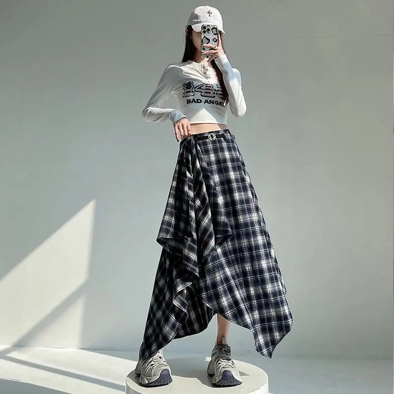 Long Skirts Women Woolen Skirt 2025 Goth Lolita Autumn Winter High Waist Ruffles Asymmetrical Plaid Skirt Maxi With Belt