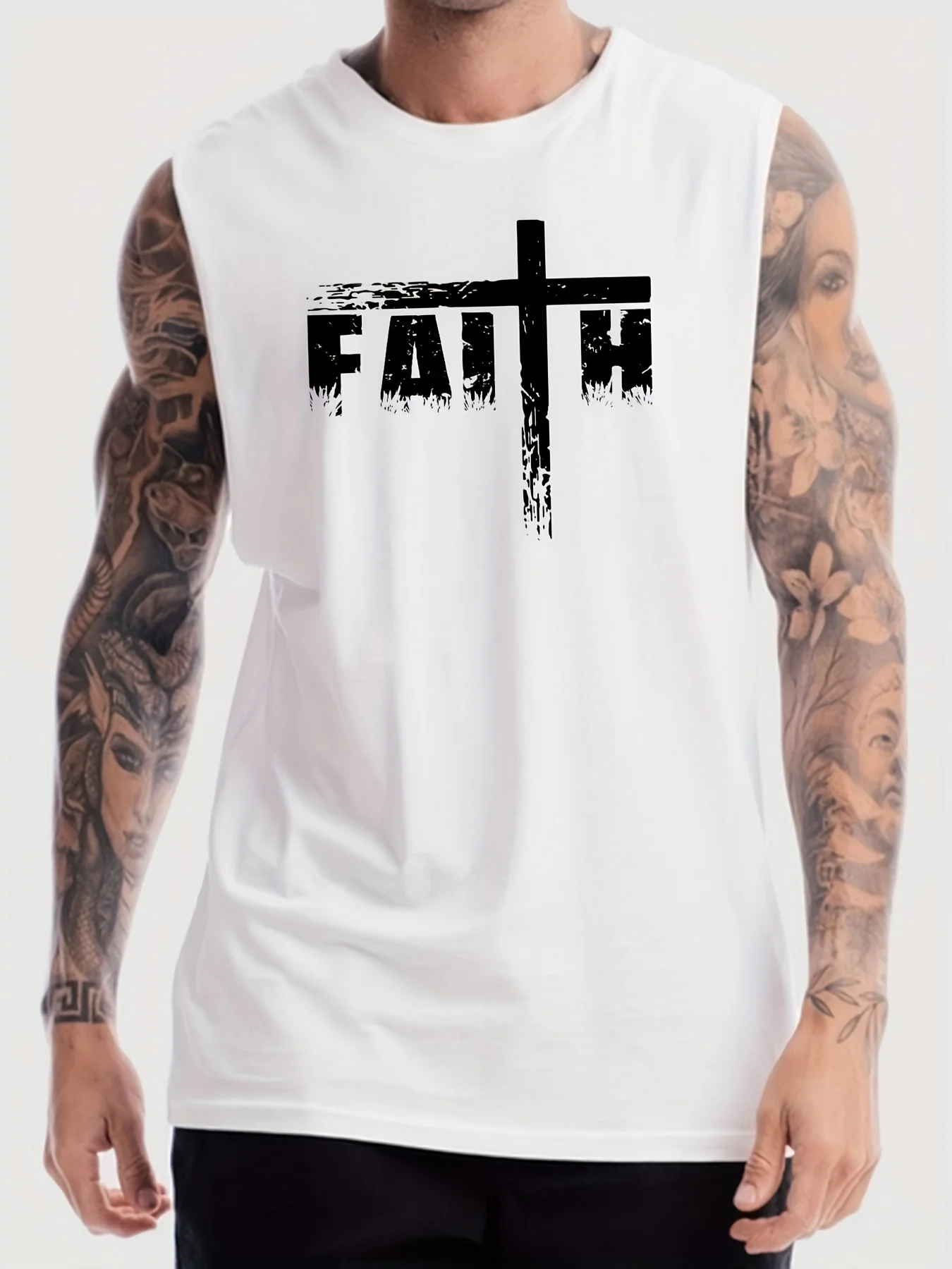 

FAITH exclusive cross-design print, men's casual comfortable round-neck t-shirt, summer fashionable top