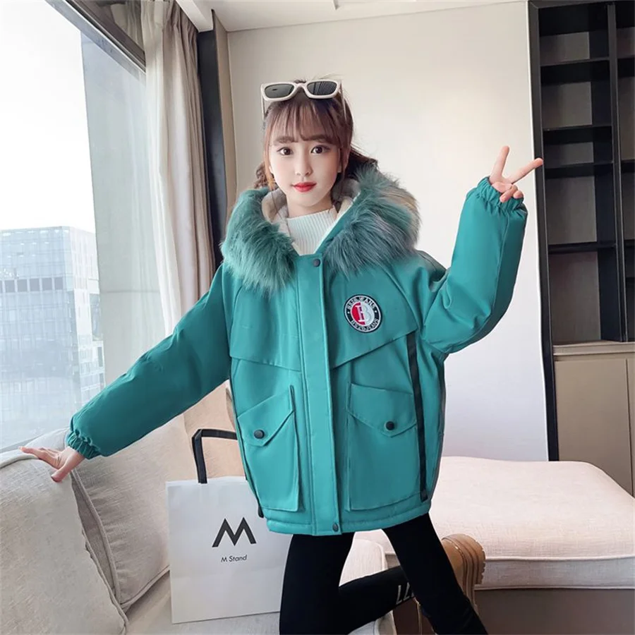 5-14 Years Teen Girls Winter Jacket Plus Velvet Warm Kids Windbreaker Coat For Girls Fur Collar Hooded Parkas Children Outerwear