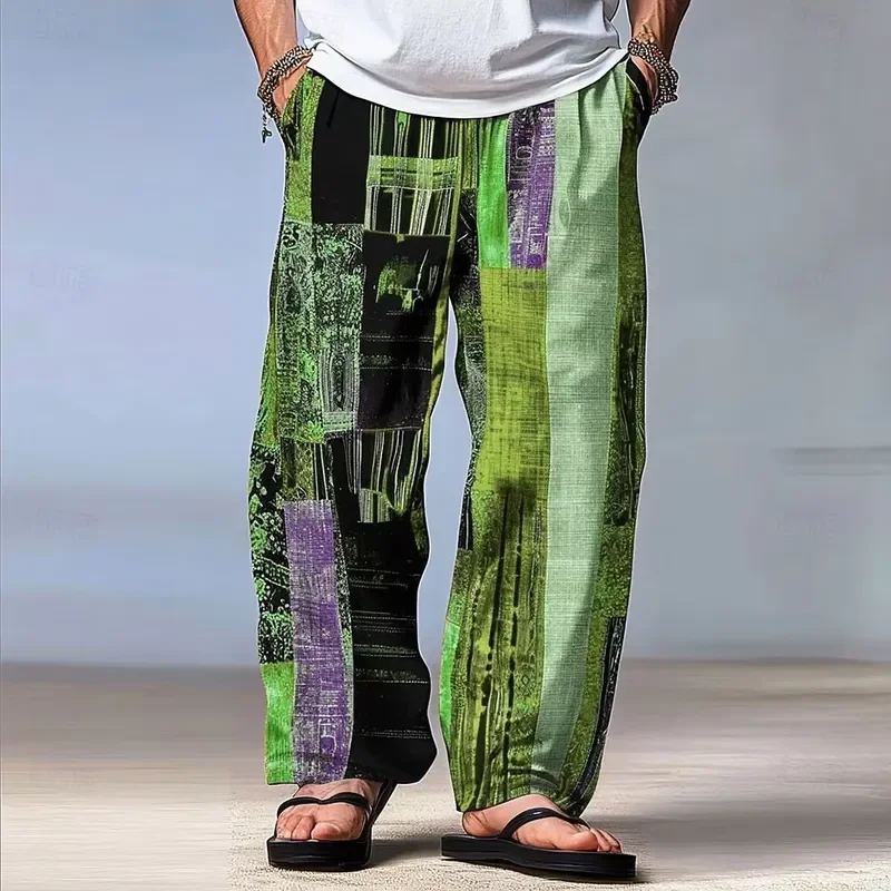Men Patchwork Pants Color Block Casual Straight Leg Elastic Waist Drawstring Outdoor Hawaiian Style Trousers For Summer