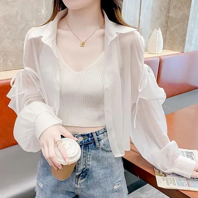 Manteau élégant en mousseline de soie pour femmes, épaules dénudées, gilet intérieur sans bretelles, ensemble deux pièces décontracté, chemises à nœud à revers