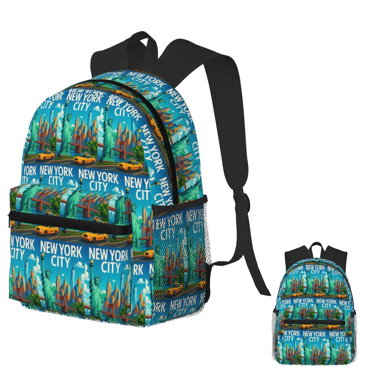 

New York City With Statue Of Liberty And Yellow Cab Student Backpack School Bag Daypack for Men Women Bookbag Shoulder Bags