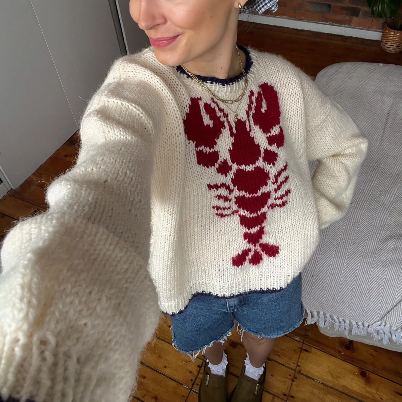 Women Autumnand Winter Fashion Casual Knitted Sweater Long Sleeve Round Neck Aesthetic Lobster Print Loose Pullover Warm Sweater