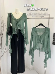 French Fashion Green Casual Shirts V-Neck Beach Blouses Lace Up 2023 Gyaru Summer Y2k Coquette Flare Sleeve Design 90s New Trend