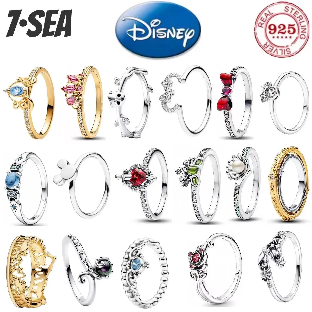 Anillo de plata de ley 100% 925 de Disney, serie de princesas, Aladdin, Jasmine, Rapunzel, anillo para mujer, joyería fina para fiesta