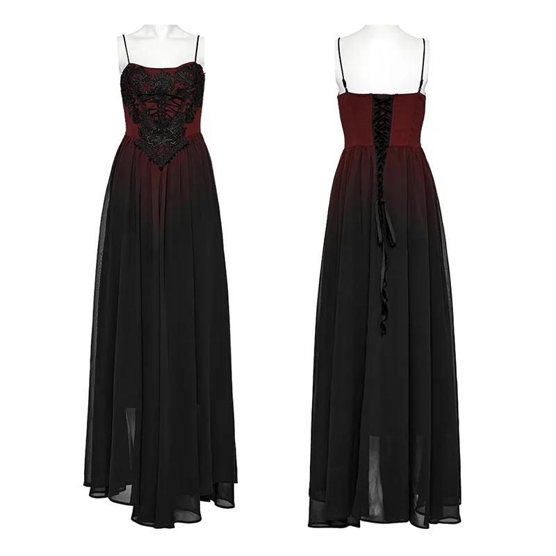 PUNK RAVE Women\'s Gothic Gorgeous Black and Red Gradient Chiffon Slip Dress Party Club Sexy Long DressesTwo Colors Available
