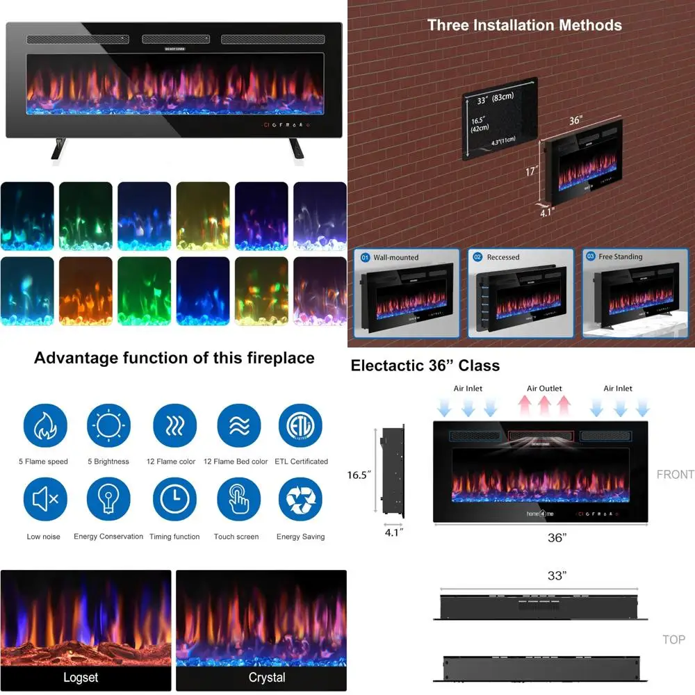 36인치 벽걸이형 및 매립형 전기 벽난로 히터, 750/1500W, 조절 가능한 불꽃, 독립형 옵션