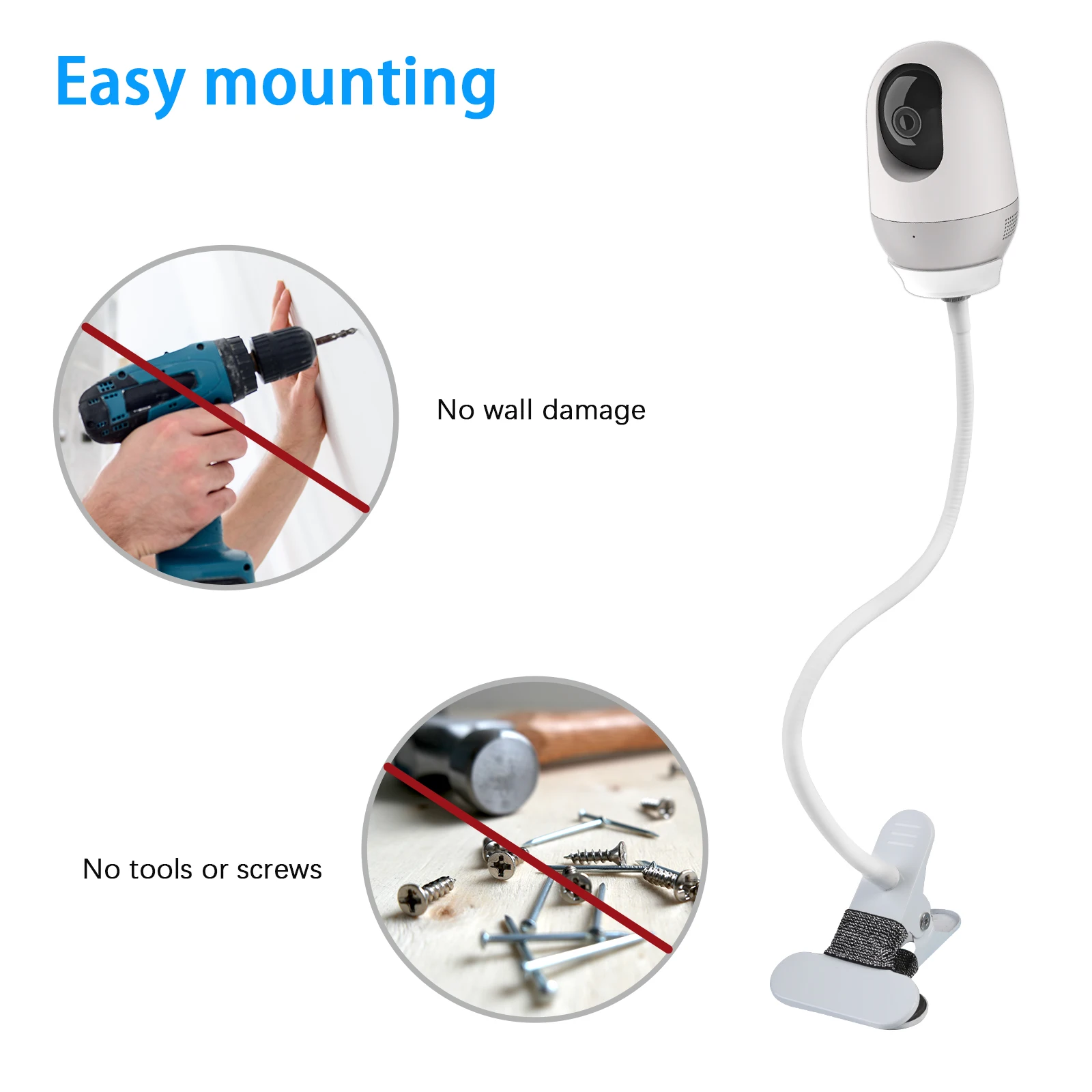 Flexible Clip Clamp Mount with Base For Nooie Baby Monitor IPC100-1080P,Clip to Crib Cot Shelves or Furniture