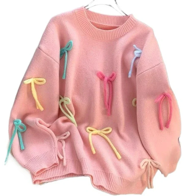 Plus-size Loose Loveliness Colours Bow Pink Sweater for Women Autumn-winter Long Slouchy Senior Gentle Knit Top Maiden  Pullover