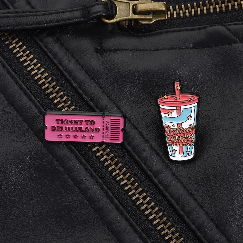 Delulu Fantasy Pin Retro Meme Style Ticket To Delulu Land Delulu Juice Design For Daydream Lovers Backpack Jacket Decor