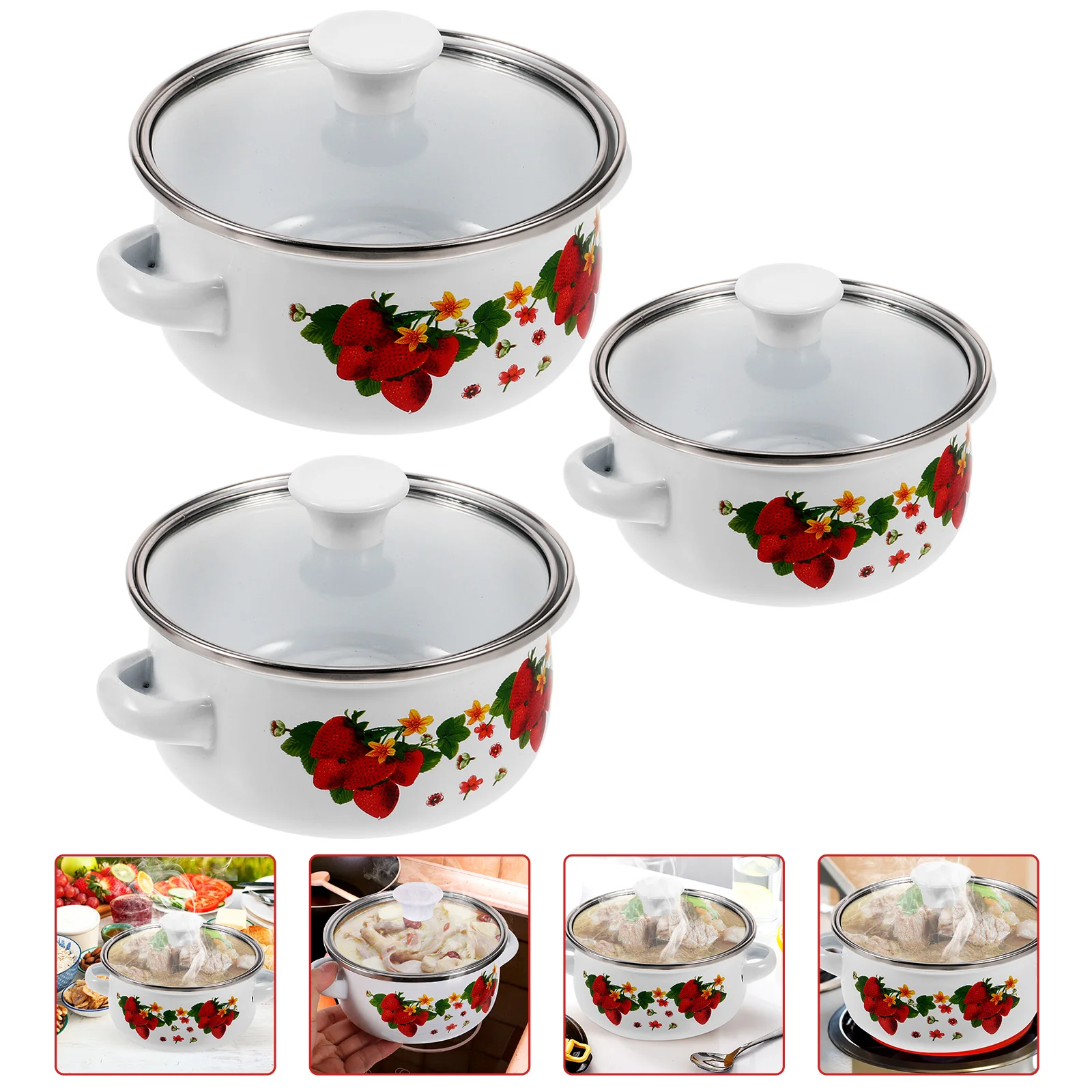 3 Pcs Enamel Mini Soup Pot Double Ear Oil Instant Noodle Flat Bottom Small Hot Three-piece Set (green Flower) Cooker Sauce Pan