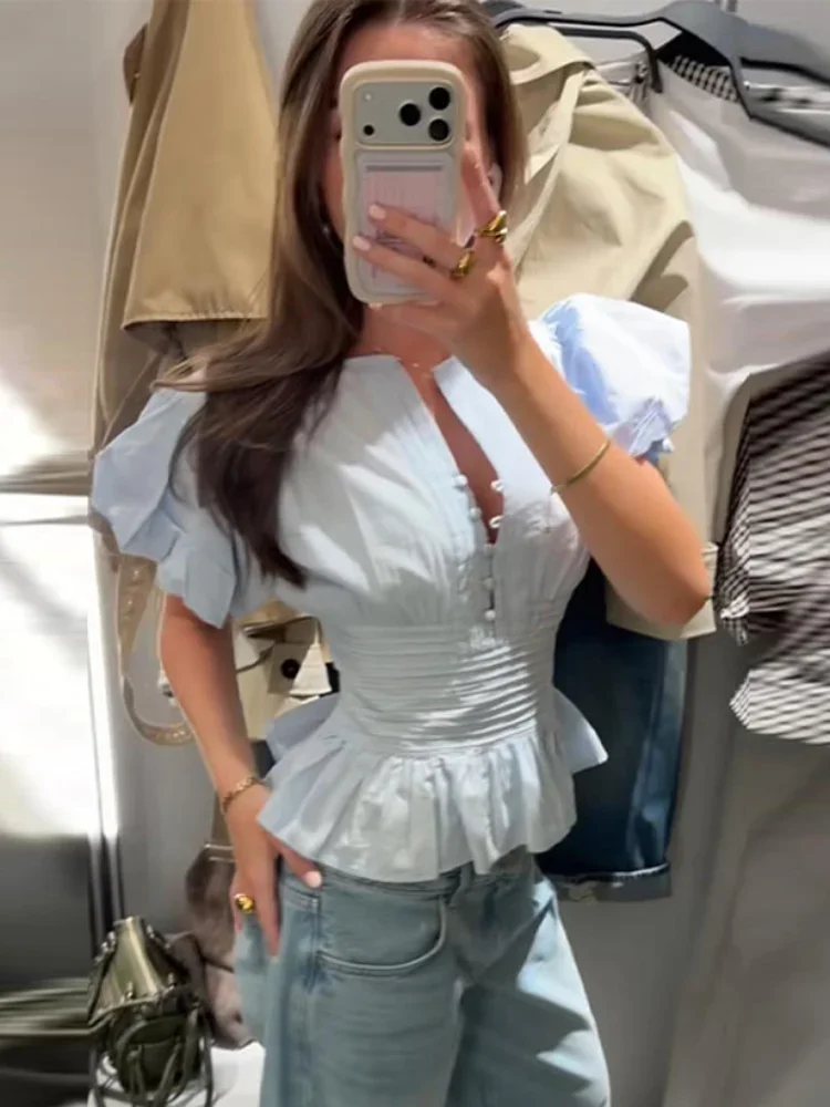 

Ruffle Hem Blouse Short Sleeve Single Breasted O Neck Waisted Casual Spring Summer Top for Women