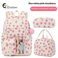 Mochila universitaria de pana con bolsa de almuerzo, estuche para lápices, mochila escolar con estampado de fresa para adolescentes y mujeres, 3 uds.