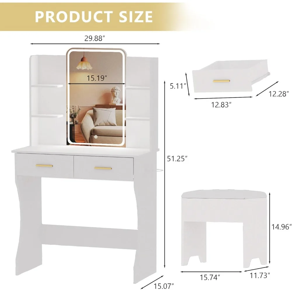 Vanity Desk with LED Lights Mirror & Power Outlet with Storage Drawers & Chair, Adjustable Brightness, Dressing Table