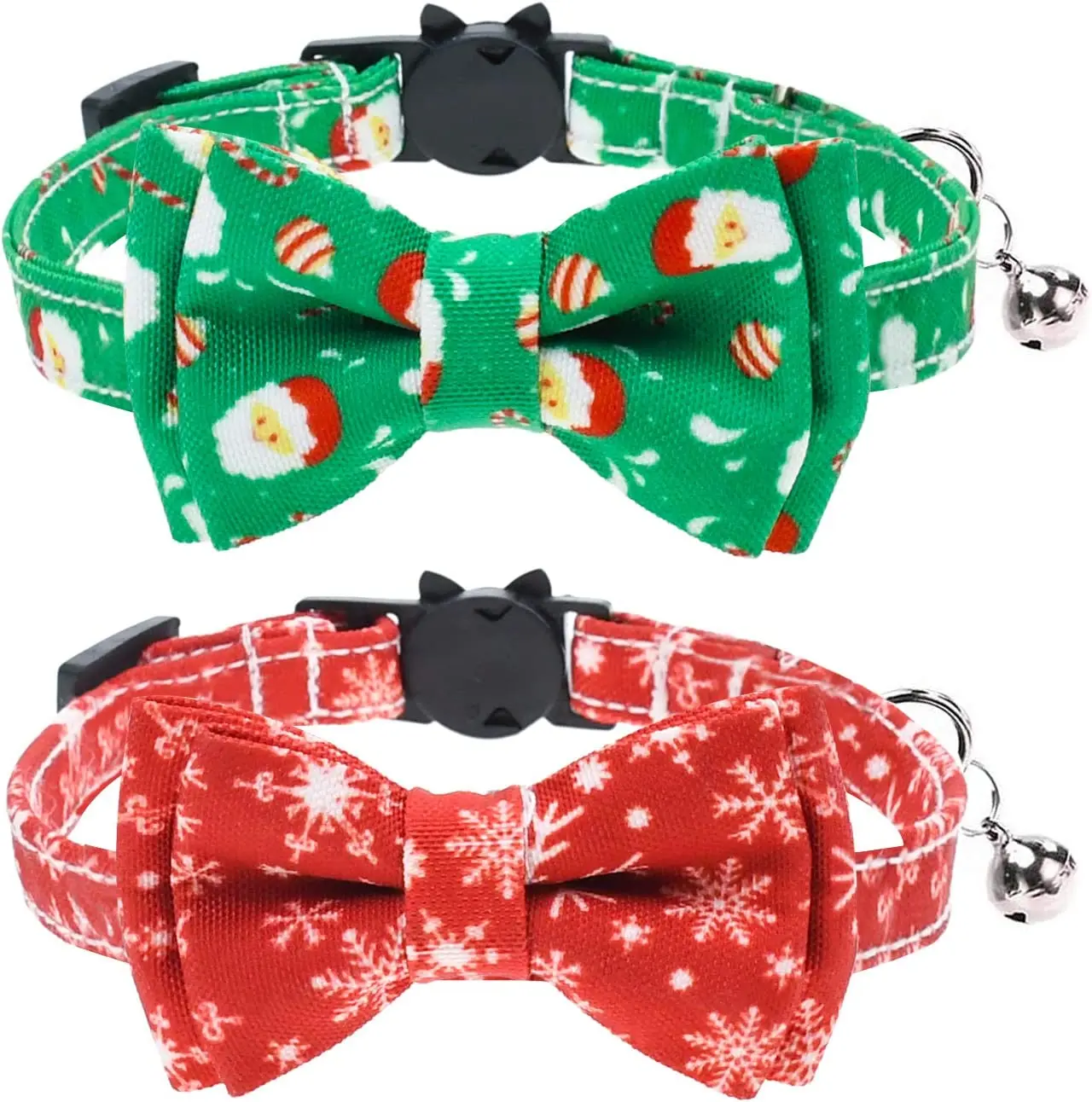 2pcs Cat Collar with Christmas Snowflake Pattern Bowtie and Tiny Bell Adorable Collar with Adjustable Buckle Pet Accessories