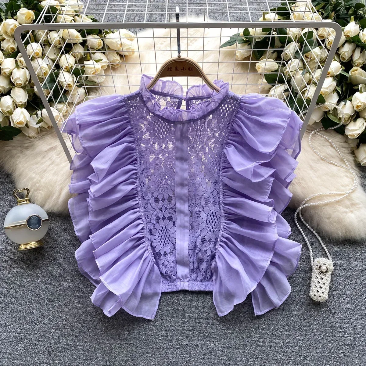 

Vintage Elegant Lace Petal Sleeve Blouse French Hollow Out Shirt Casual Chic Top Fairy Summer Women Clothing