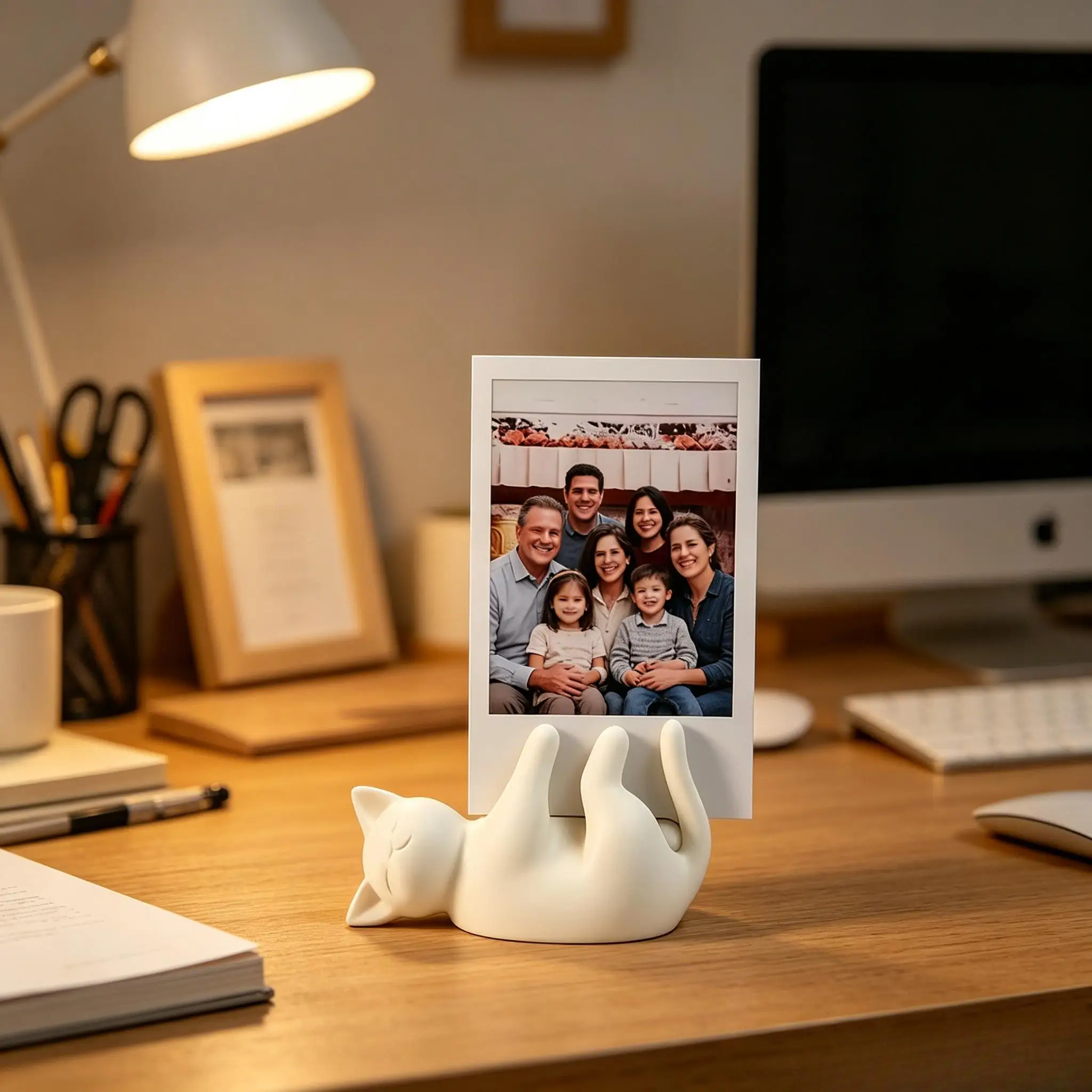 1pc Cute Lazy Cat 3-Inch Polaroid Photo Holder, Desktop Decorative Photo Frame Stand, Therapeutic White Cat Ornament