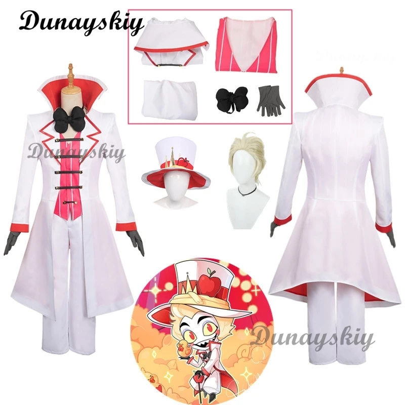 Hazbin lucifer cosplay anime hotel morningstar cosplay kostüm perücke papa weißer anzug teufel hölle halloween party erwachsene männer kostüm