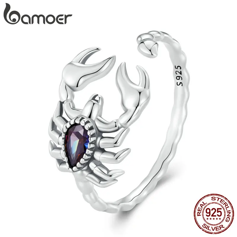 Bamoer 925 Sterling Silver Retro Scorpion Rings Hip Hop Women Creative Desert Animal Rainbow Mystic Crystal Punk Band Girl Gift