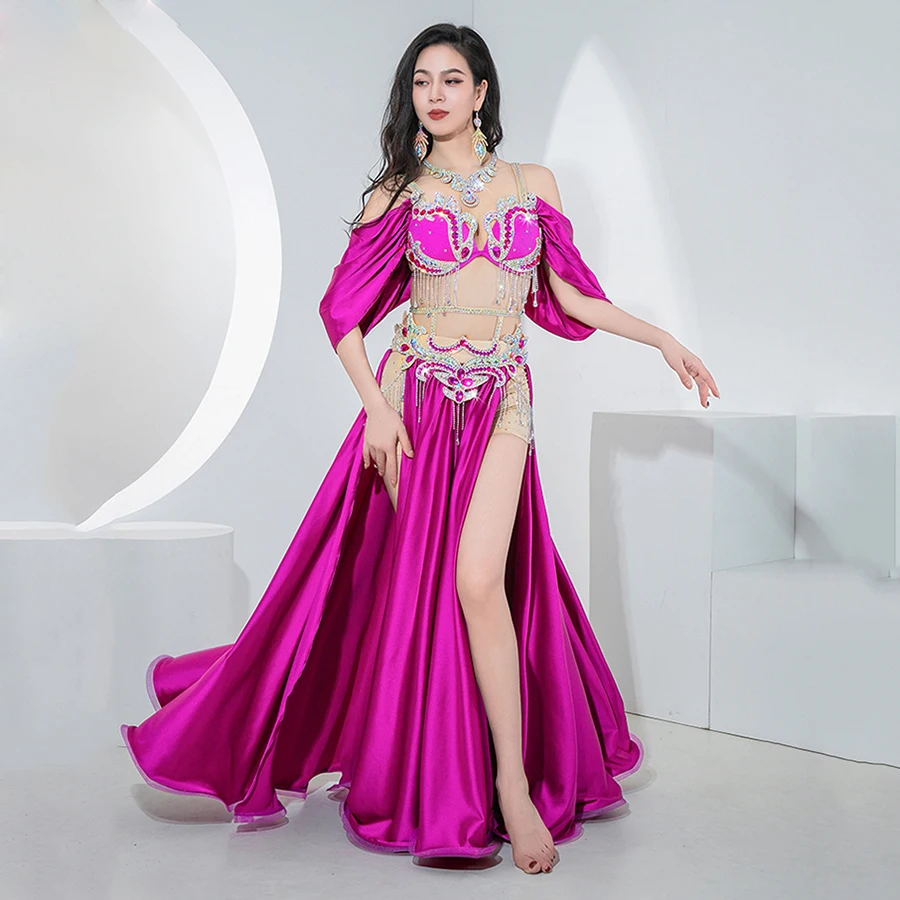 Traje de danza del vientre egipcia, competición de danza Oriental, sujetador con cuentas de diamantes de imitación, cinturón, falda larga de satén