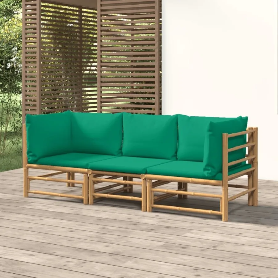 

3 Piece Patio Lounge Set with Green Cushions Bamboo