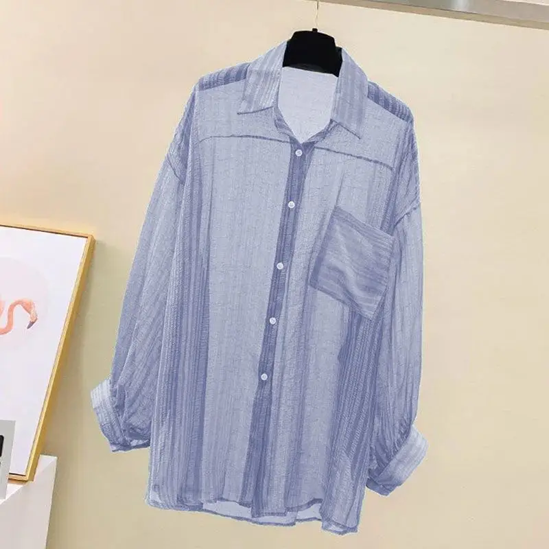 Summer Sunscreen Shirt Elegant Perspective Thin Chiffon Blouse Korean Harajuku See Through Loose Top Casual Women\'s Cardigan