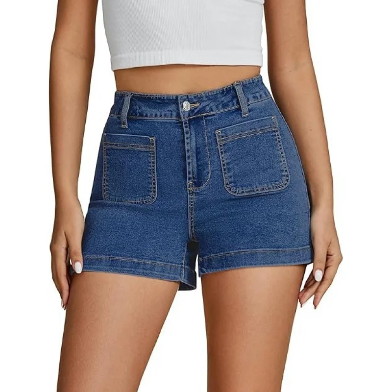 Women's High-Waisted Denim Shorts Minimalist Classic Workwear Design Front And Rear Pockets High Stretch Comfortable Fit