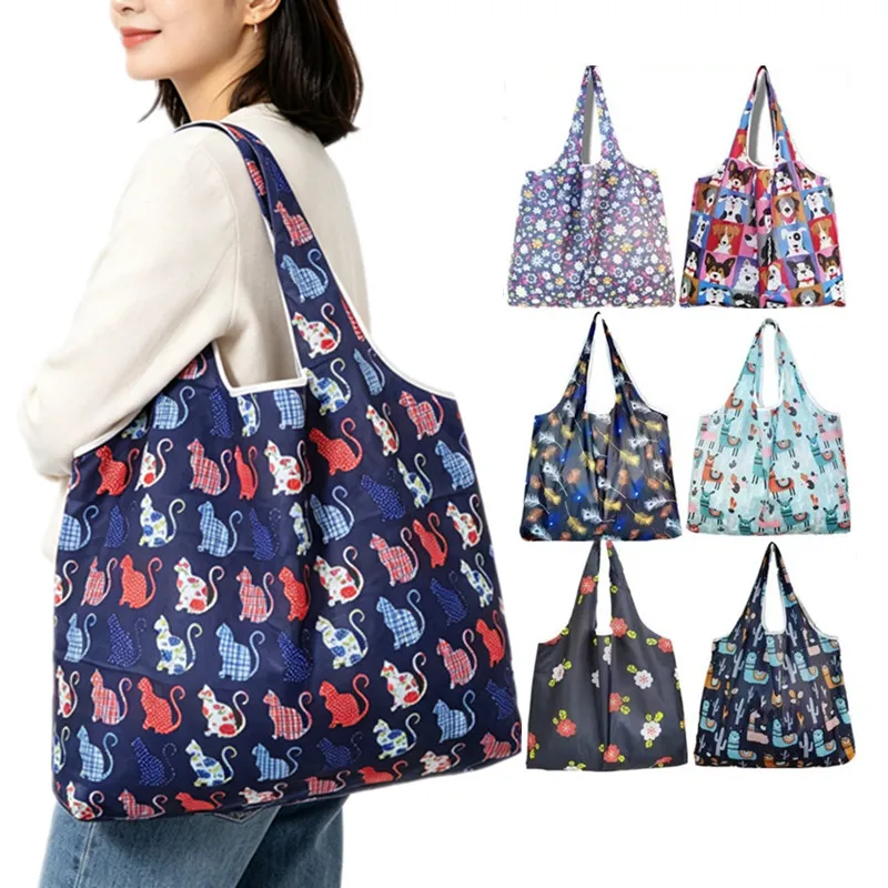 Large Capacity Foldable Reusable Shopping Bags Cartoon Animal Flower Pattern Washable Grocery Bag Eco-Friendly Storage Pouch