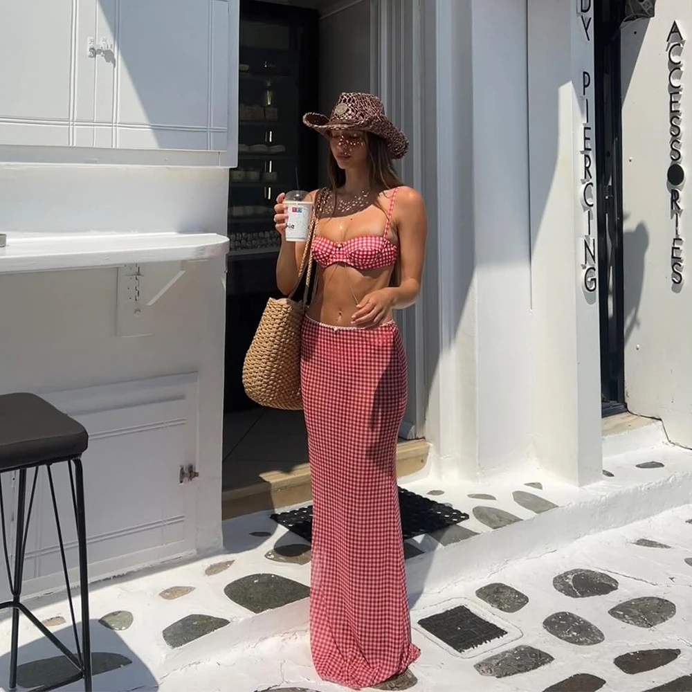 Conjunto de Bikini de 3 Piezas a Cuadros 2026, Traje de Baño Sexy para Mujer, Vestido de Playa, Bikini, Ropa de Baño