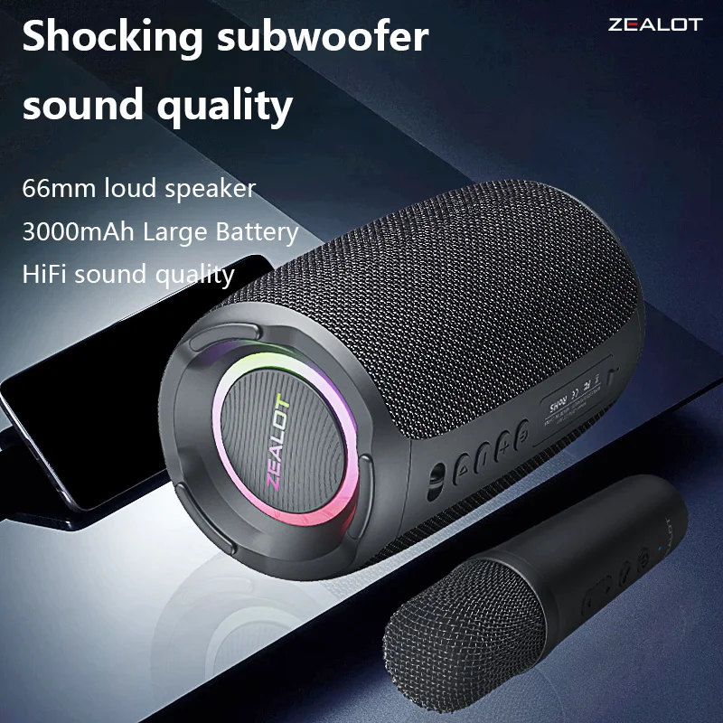 ZEALOT S61 20W Wireless Speakers With Two Wireless Microphones, Support Wired Microphone, Subwoofer Speaker, 3600mAh Battery.