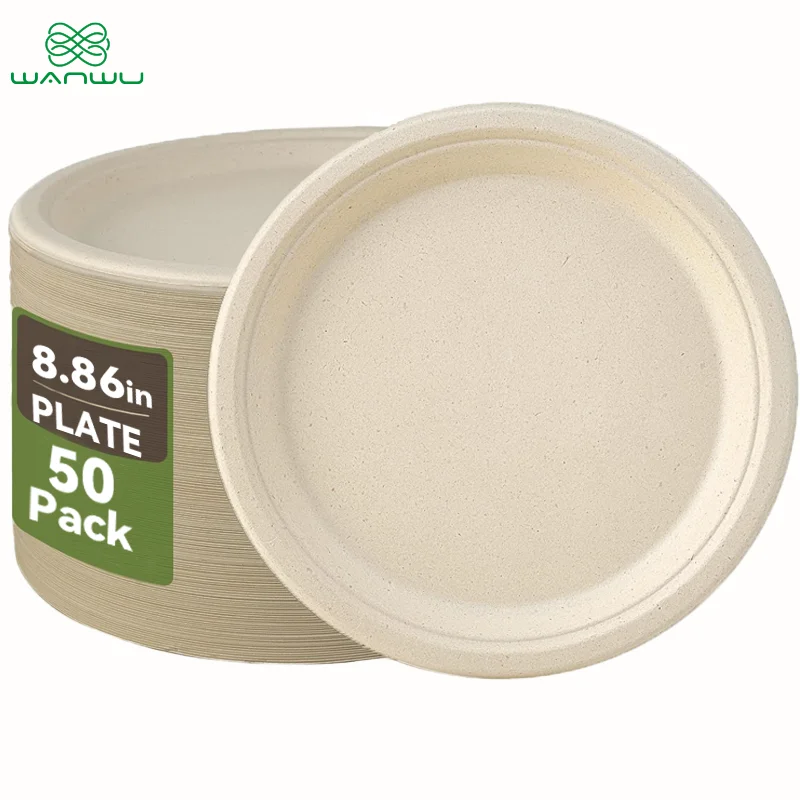 Biodegradable Bagasse Plates - 50 Pack of 22.5cm Round Paper Plates for BBQ, Parties, Dinner, and Picnics