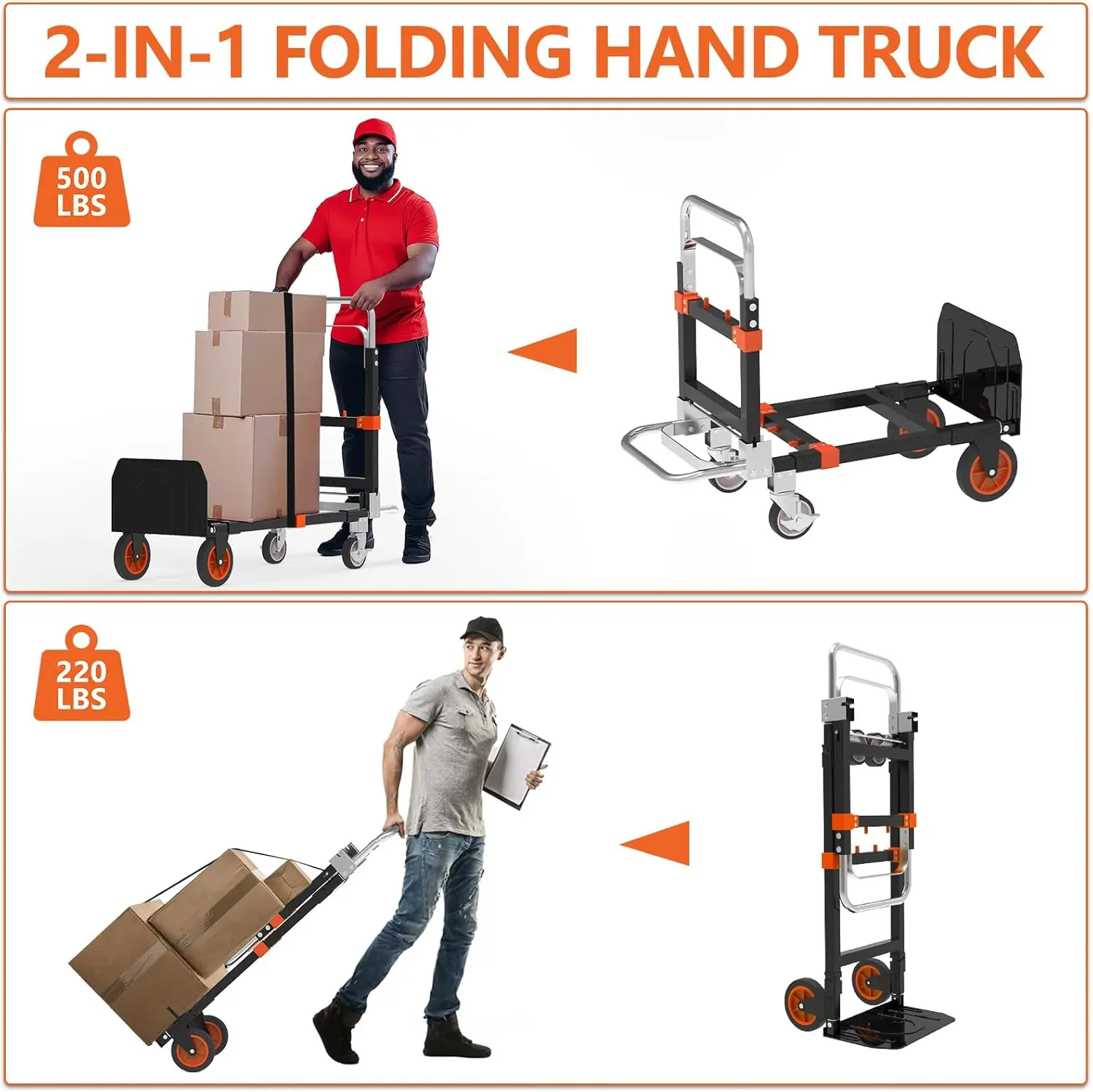3 in 1 Heavy Duty Folding Hand Truck, Convertible Portable Steel Dolly with Telescopic Handle, Foldable Utility Cart with Rubber
