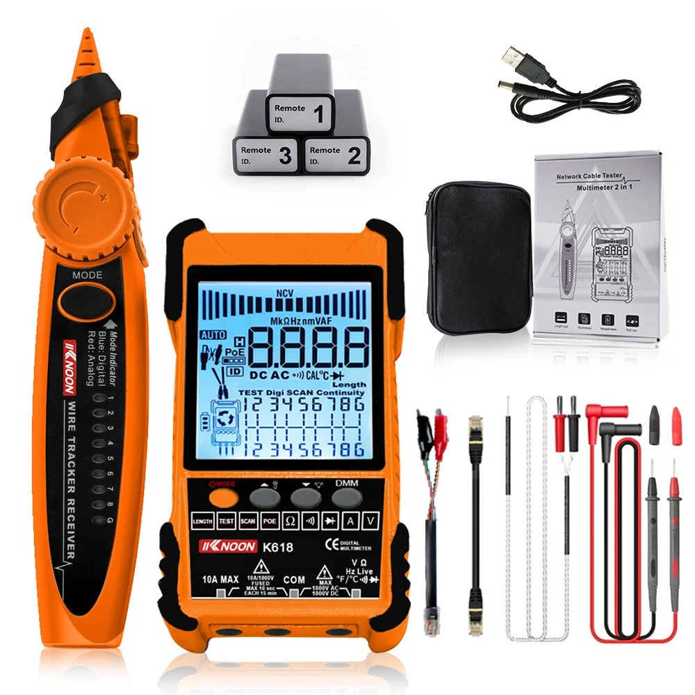 KKNOON K618 2 IN 1 Network Line Finder Multimeter POE Lan Test 500M Cable Length Measure Sensitivity Adjustable Line Tracker