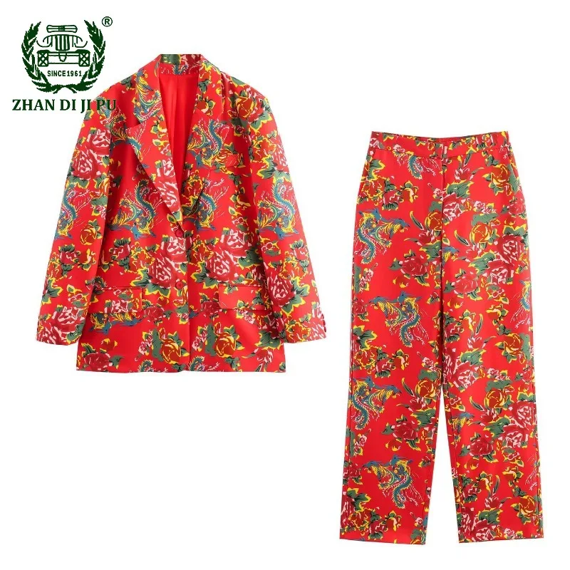 

Winter Women Blazers and Jackets Casual Northeast Flower Printed Loose Suit Coat Fashion Straight Leg Pants Suits for Women 2024